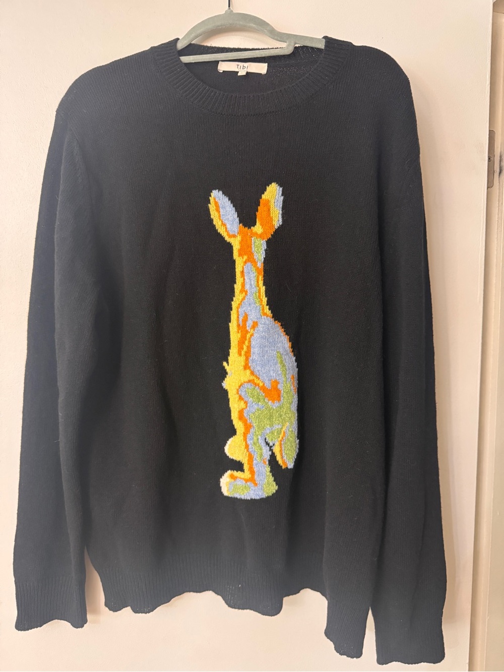 Tibi Black Crewneck Sweater with Multicolor Rabbit Intarsia